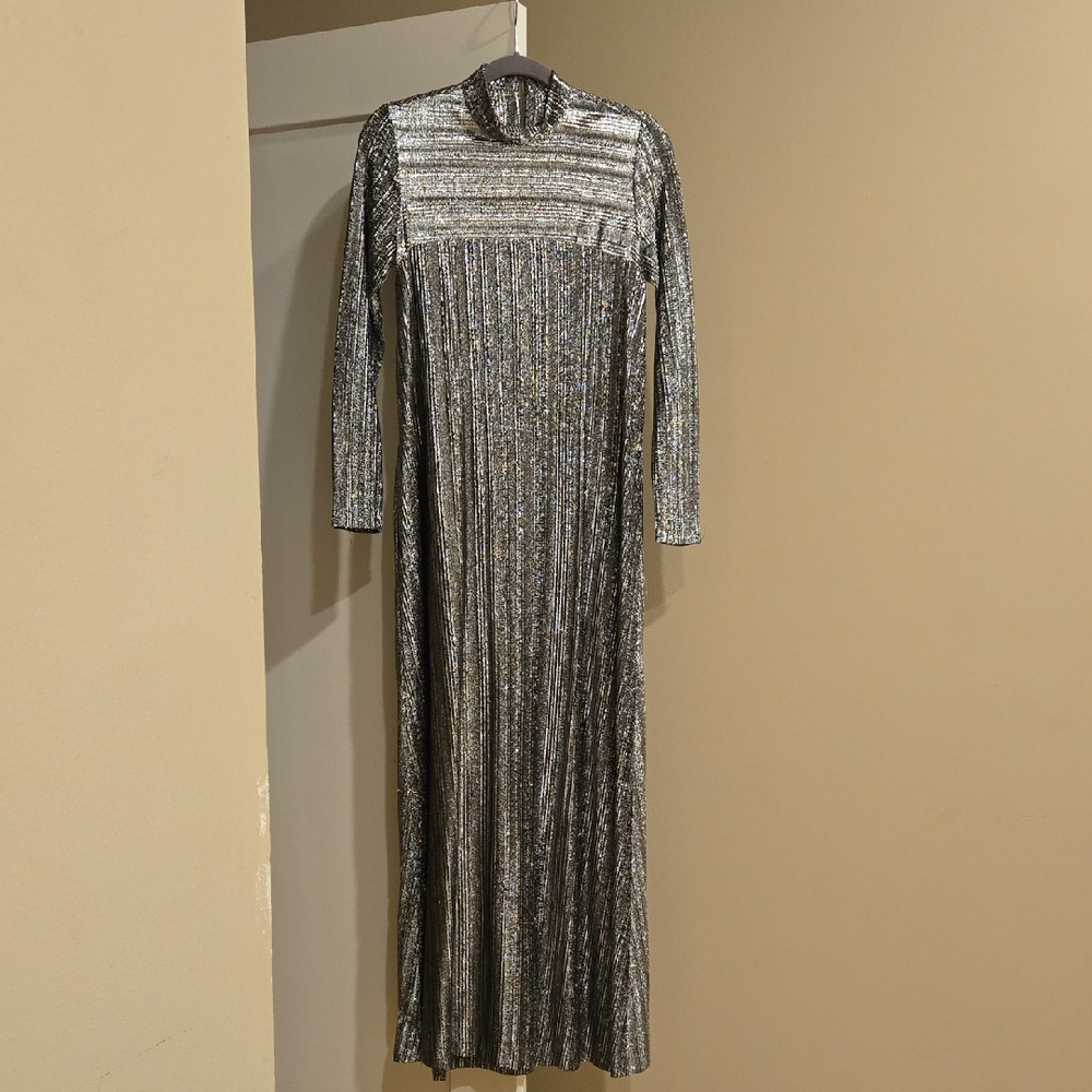 VINTAGE Elegant Silver Tinsel Long Sleeve Maxi Dress Small